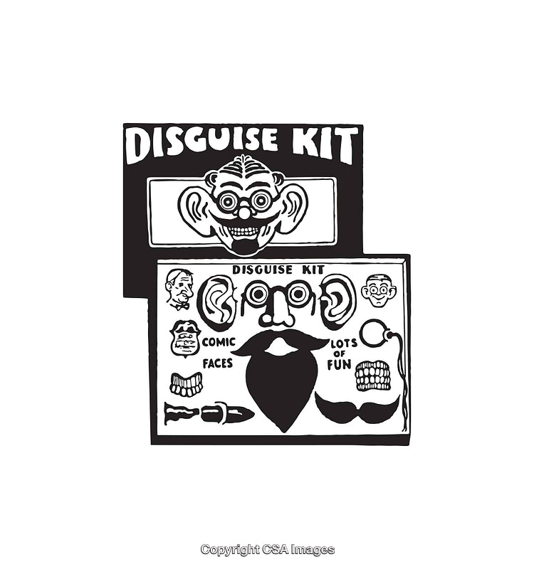 Black and White Line Art Illustration of a Humorous Disguise Kit