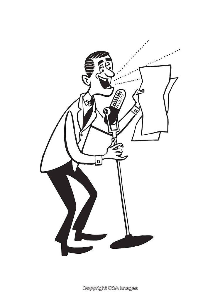 Vintage Cartoon Style Line Art of Man Speaking Into Microphone
