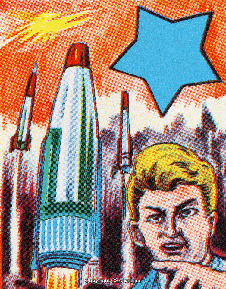 Retro Illustration of Rockets Launching with a Man Pointing Upwards