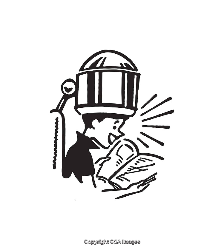 Retro Illustration of a Person Reading With a Helmet-Like Device