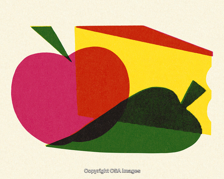 Abstract Colorful Artwork Featuring Apple, Pear, and Cheese Forms