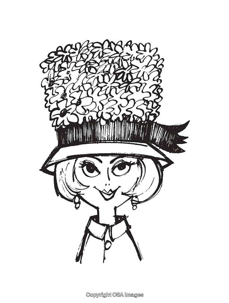 Stylized Black And White Illustration of Woman Wearing Floral Hat and Earrings