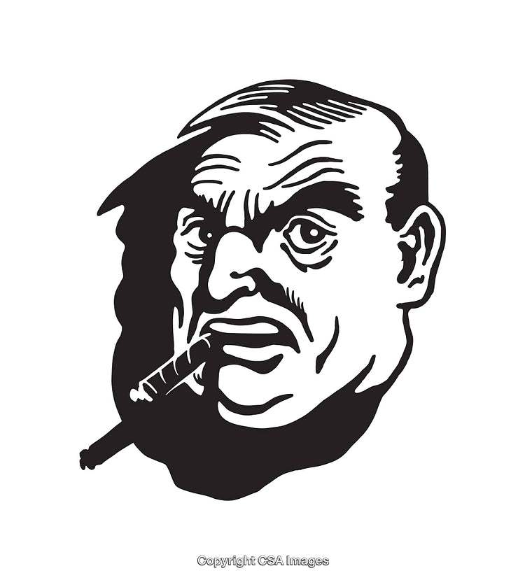 Black and White Line Art of Stern Man Smoking a Cigar