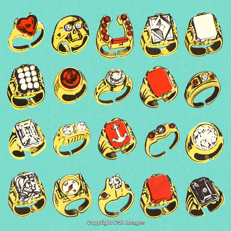Vintage Collection of Illustrated Golden Jewelry Rings on Blue Background
