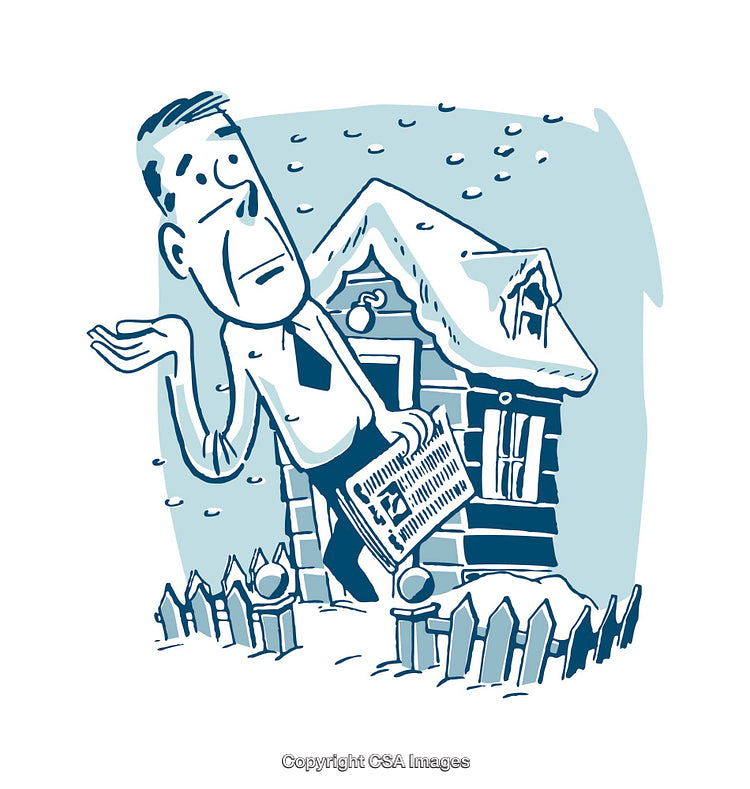 Man Standing Beside Snow-Covered House in Cold Winter Scene