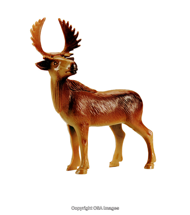 Realistic Brown Plastic Deer Toy with Antlers on White Background