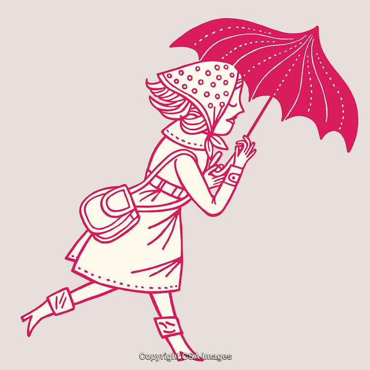 Retro Line Art of Woman With Umbrella in Stylish Attire