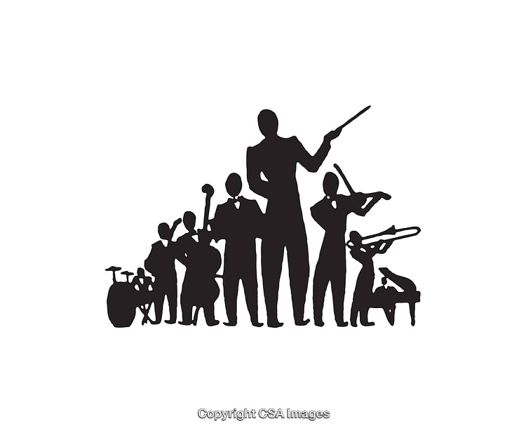 Silhouette of an Orchestra Performing With a Conductor Directing the Musicians