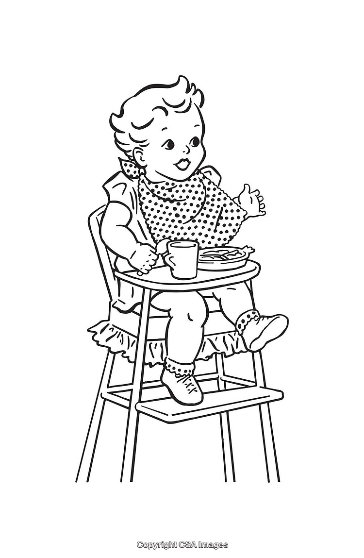 Vintage Line Art Illustration of a Baby in a High Chair