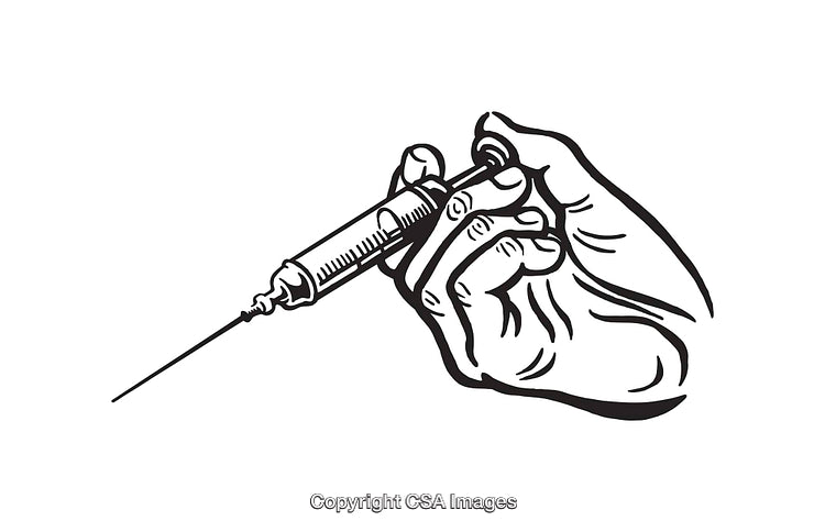 Hand Administering an Injection Through a Medical Syringe in Line Art