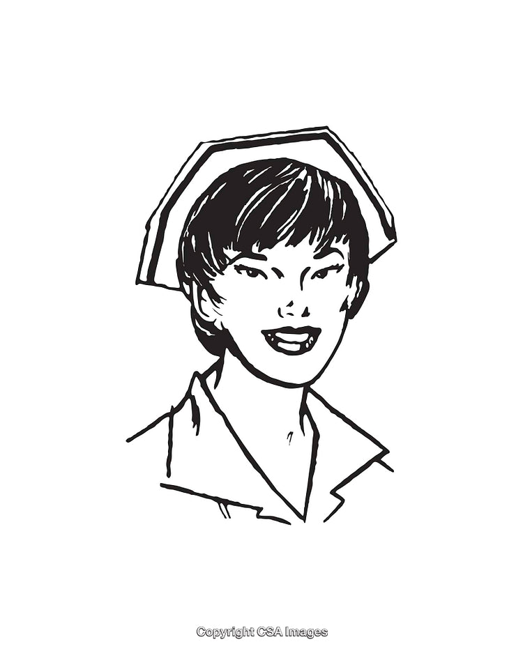 Line Art Illustration of a Smiling Nurse Wearing a Classic Nurse Cap