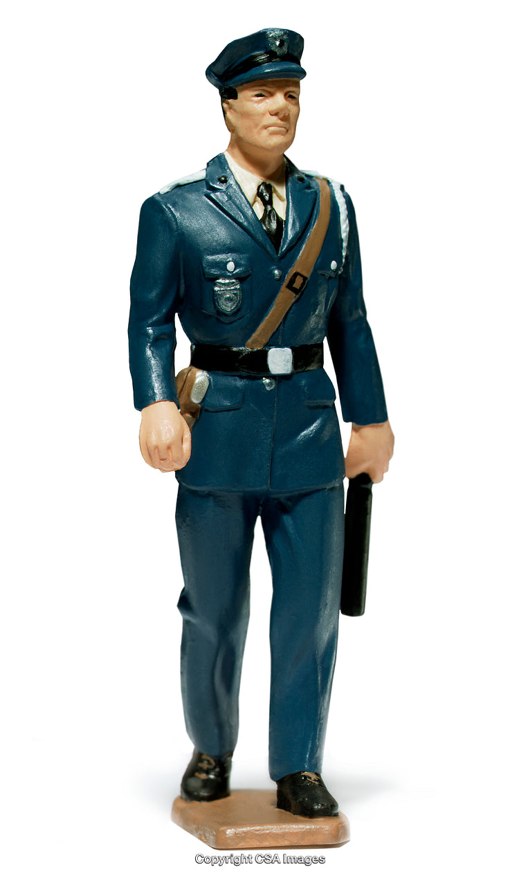 Plastic Police Officer Figure in Blue Uniform Standing Upright on a Base