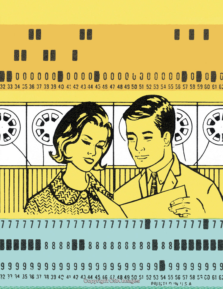 Retro Illustration of Business Team Analyzing Data with Computer Tapes