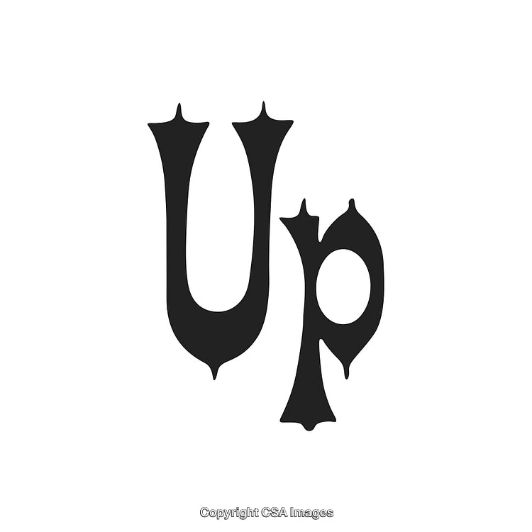 Vintage Styled Black and White "Up" Text on White Background