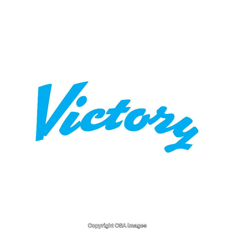 Bold Blue Typography Victory Text on Minimalist White Background