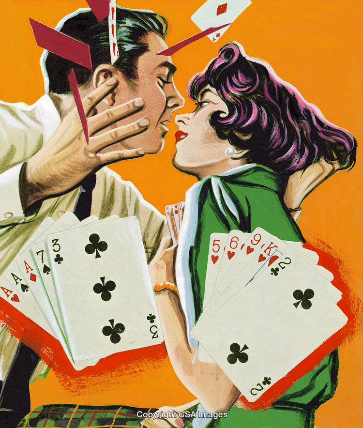 Artistic Illustration of a Couple with Cards and Vibrant Colors