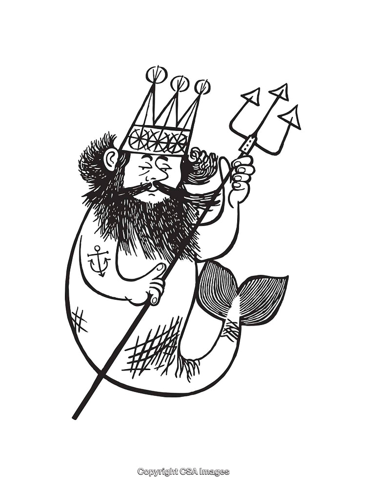 Black and White Line Art of a Mermaid Holding a Trident
