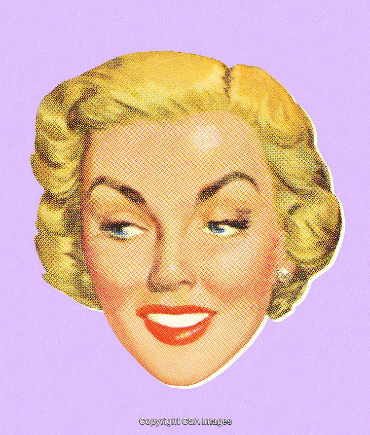 Retro Pop Art Illustration of a Blonde Woman's Smiling Expression on Purple Background