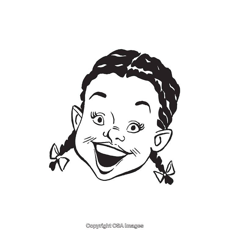 Black and White Line Art of Smiling Girl with Braided Hair