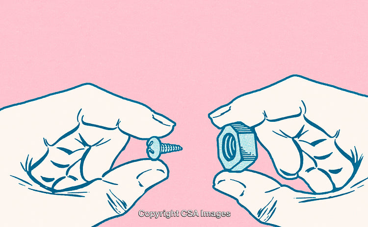 Hand Drawn Illustration of Hands Holding a Screw and Nut on Pink Background