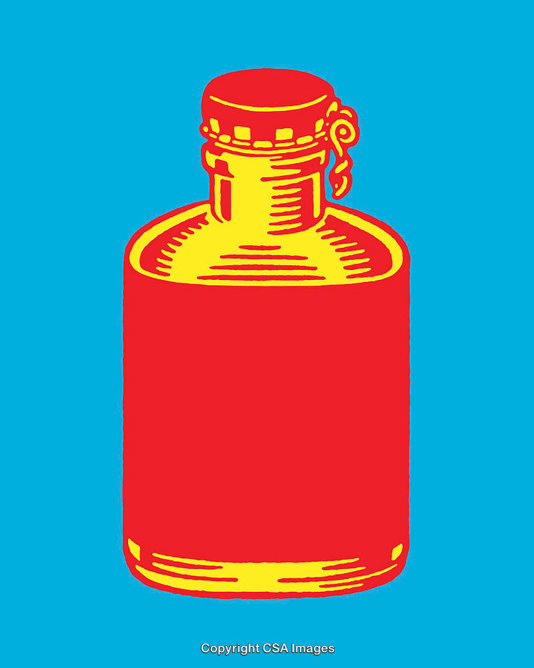 Vibrant Yellow and Red Bottle Design on Blue Background
