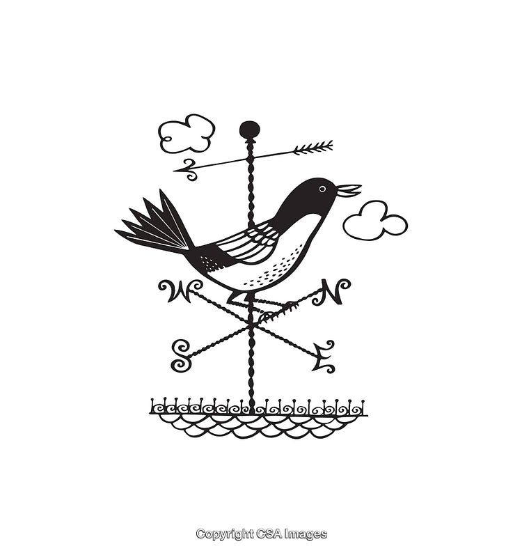 Black and White Bird Weather Vane Line Art Illustration with Clouds