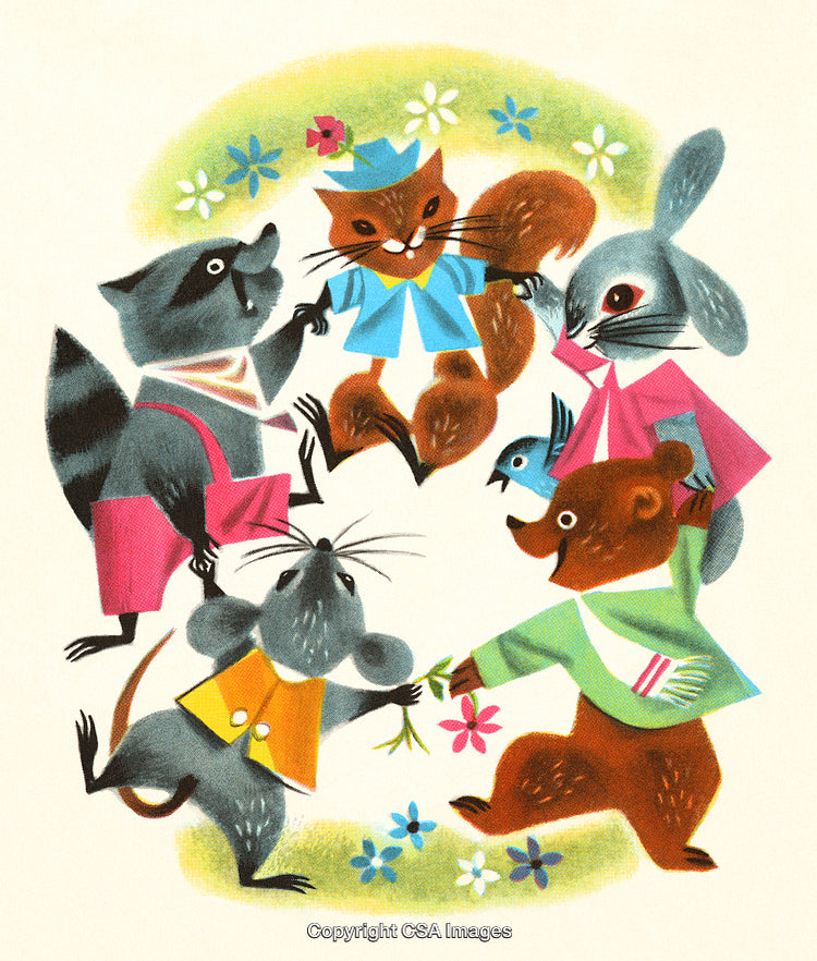 Illustration of Animals Joyfully Playing Together in a Colorful Nature Scene