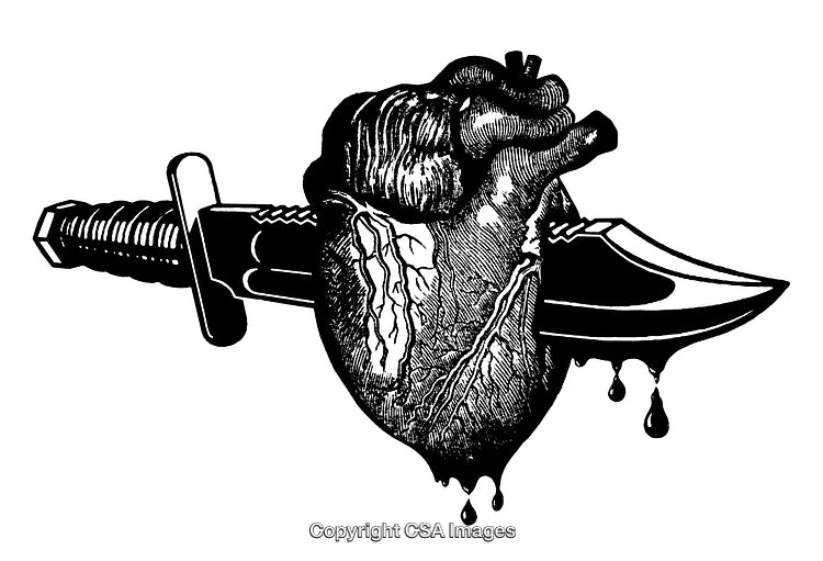 Black and White Engraving of a Heart Pierced by a Dagger