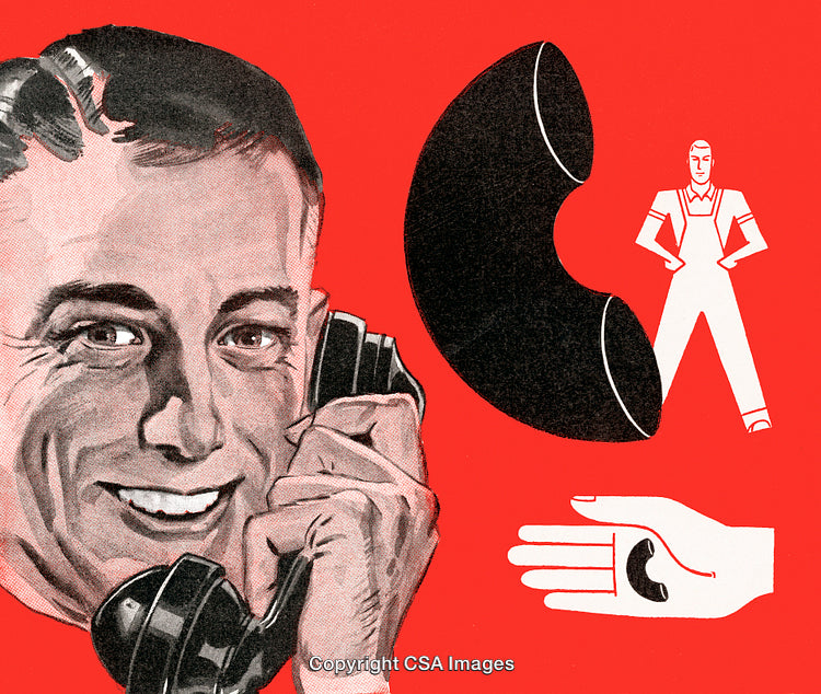 Vintage Illustration of Communication with a Telephone and Abstract Figures