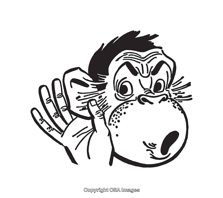 Black and White Line Art of Monkey Gesture with Hand on Ear