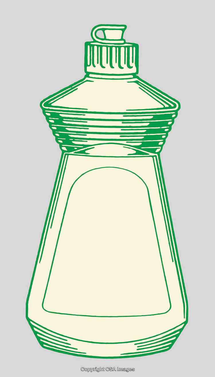 Green Line Art Illustration of Dish Soap Bottle on Gray Background