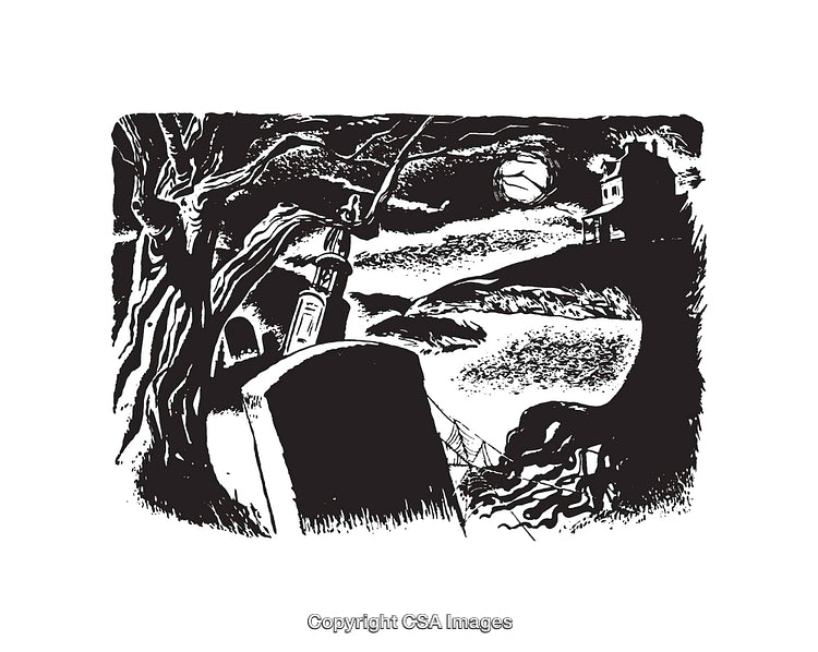 Black And White Illustration of Haunted Graveyard Under Moonlit Sky