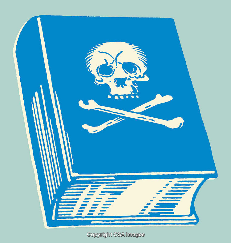 Illustration of Blue Book with Skull and Crossbones Design