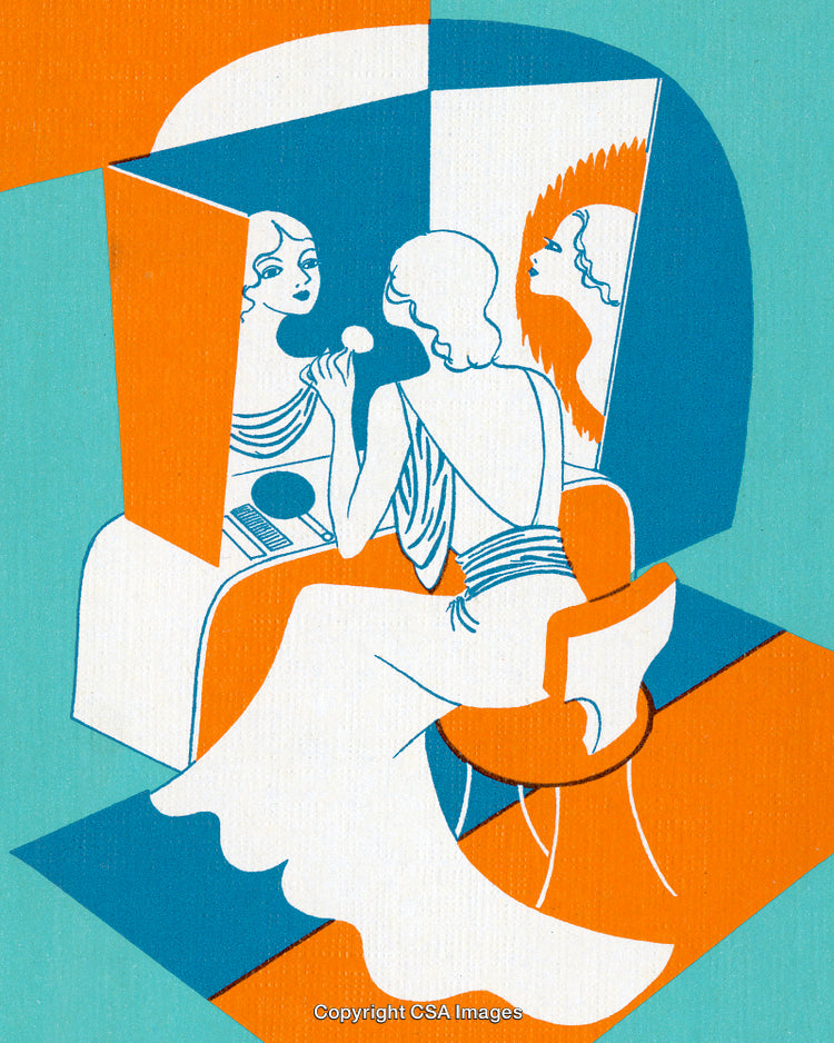 Art Deco Illustration of a Woman Applying Makeup Facing a Mirror