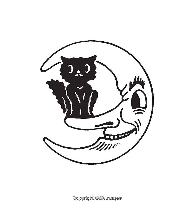 Vintage Black Cat on a Smiling Moon Line Art Illustration