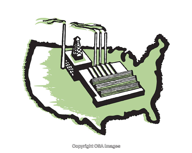 Industrial Illustration of Pollution in the United States Map Outline