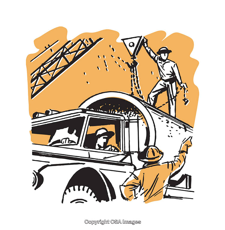 Construction Workers and Cement Mixer Illustration in Bold Colors