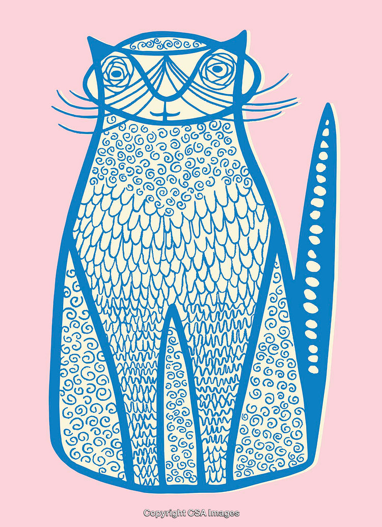 Whimsical Hand-Drawn Blue Cat Illustration on Pink Background