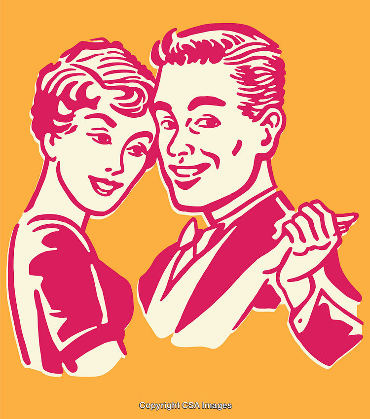 Retro Line Art Illustration of a Smiling Couple on Orange Background