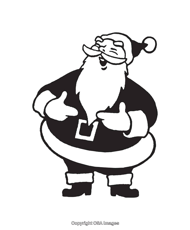 Black And White Illustration of Santa Claus Smiling Happily in Festive Attire