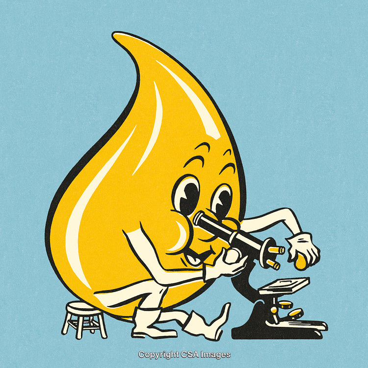 Illustration of a Cartoon Droplet Character Analyzing a Sample with a Microscope