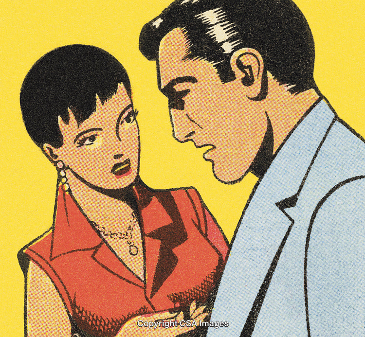 Retro Stylized Illustration of Emotional Discussion Between a Couple on Yellow Background