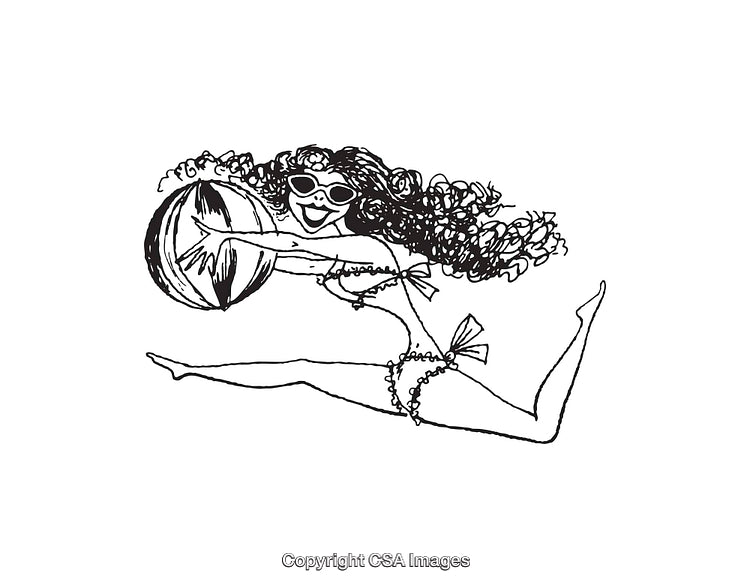 Playful Beach Themed Line Art Drawing with Woman and Ball