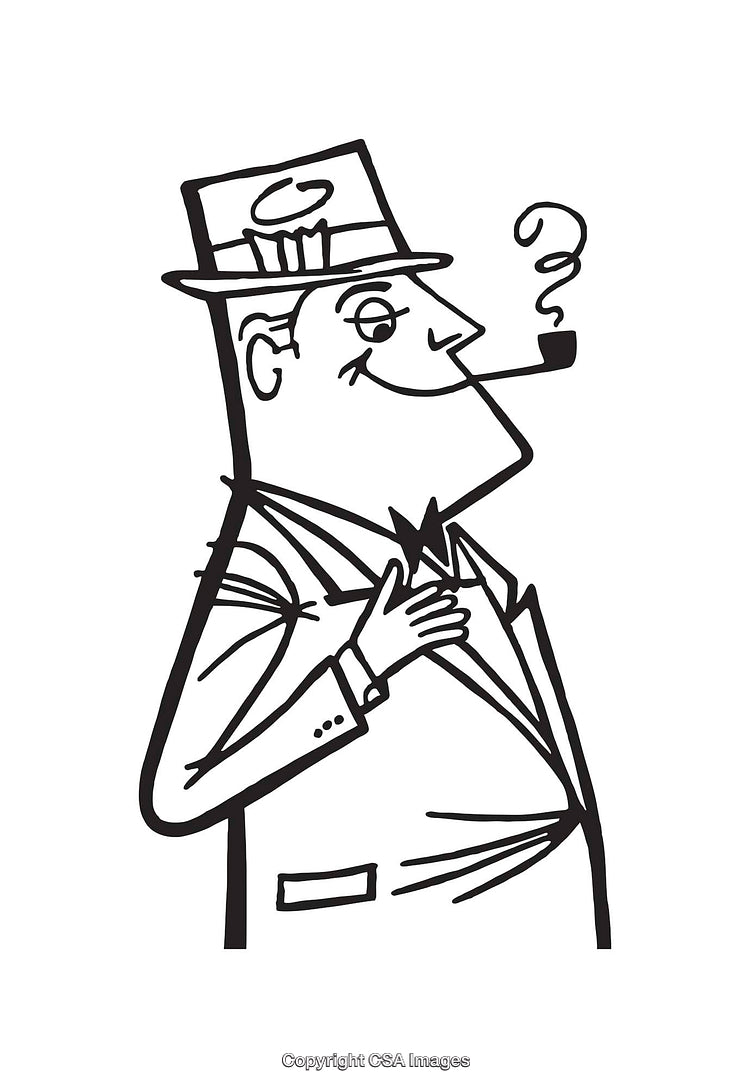 Black and White Line Art of a Cheerful Man with a Hat and Cigarette