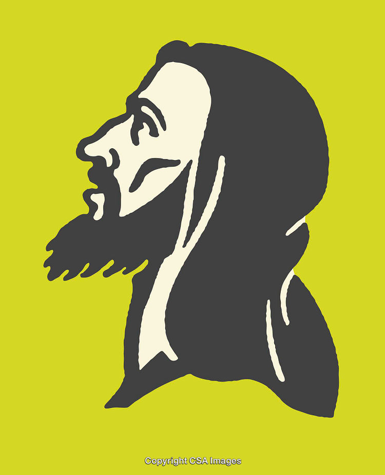 Line Art Illustration of a Contemplative Bearded Man in Profile on Green