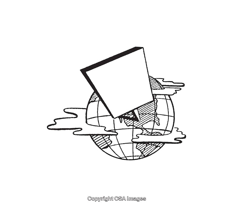Black and White Line Art of Globe with Rectangular Sign Symbol