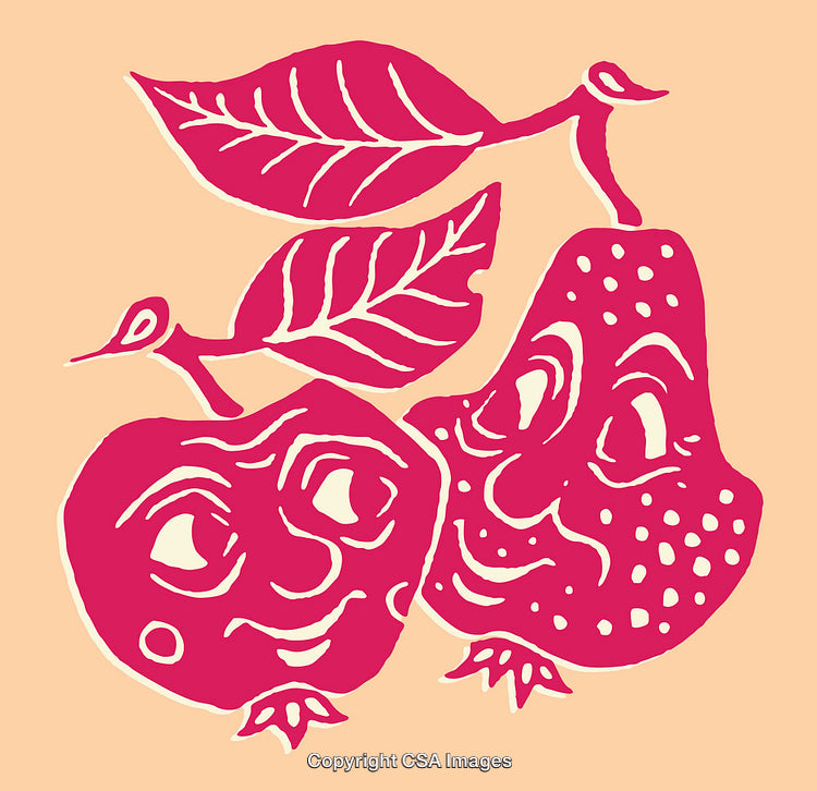 Colorful Abstract Illustration of Smiling Fruits with Expressive Faces and Leaves