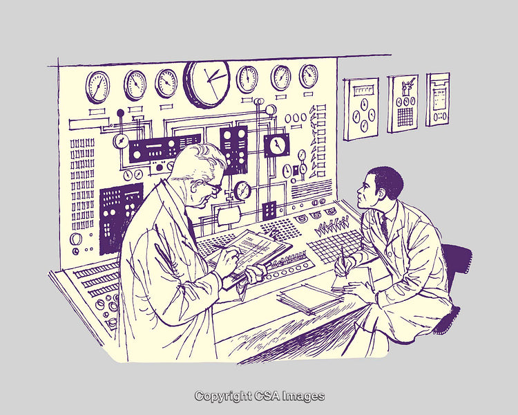 Vintage Scientists Analyzing Data at a Control Center
