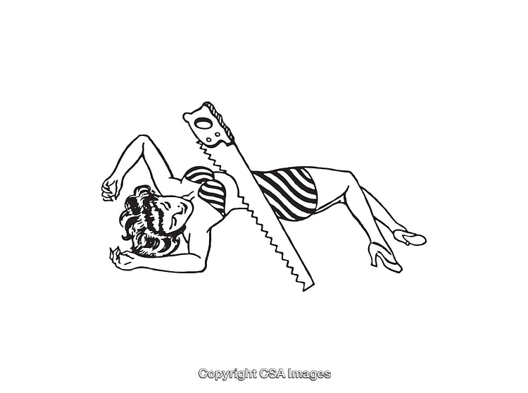 Black and White Line Art of a Saw Cutting Through Woman
