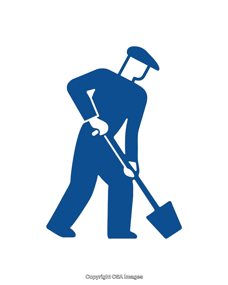 Blue Icon Depicting Worker Digging with a Shovel on White Background